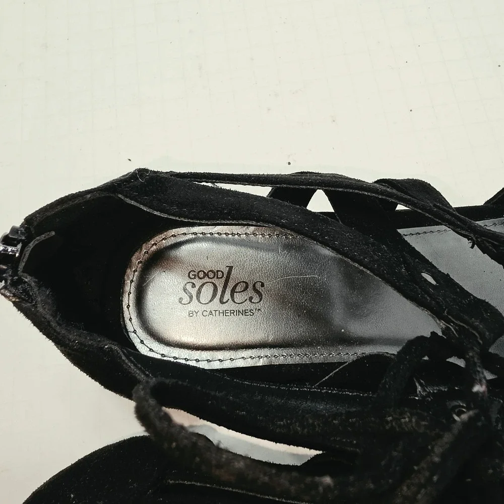Catherines Good Soles Black Faux Suede Lace Up Gladiator Wedge Sandals Womens 9M